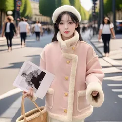 Academy Style Fashion Fur integrated Lamb Fur Jacket for Women's Winter 2024 New Loose Thickened Deer Skin Velvet Fur Coats Pink