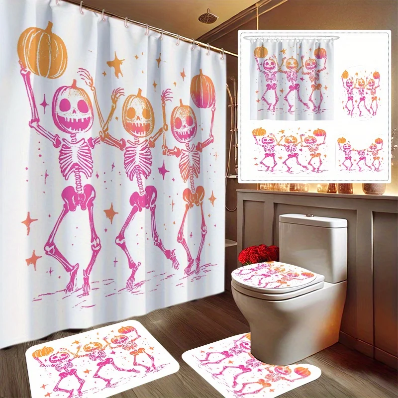 

4 шт. Набор для ванны с принтом снеговика и оленя, включая занавеску для душа, нескользящий коврик, крышку унитаза, коврик для ванной комнаты, 12 пластиковых крючков