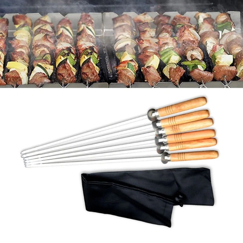 Pack of 6 Non Slip Handles BBQ for Camping Flat Metal Kebab Skewers Drop Shipping