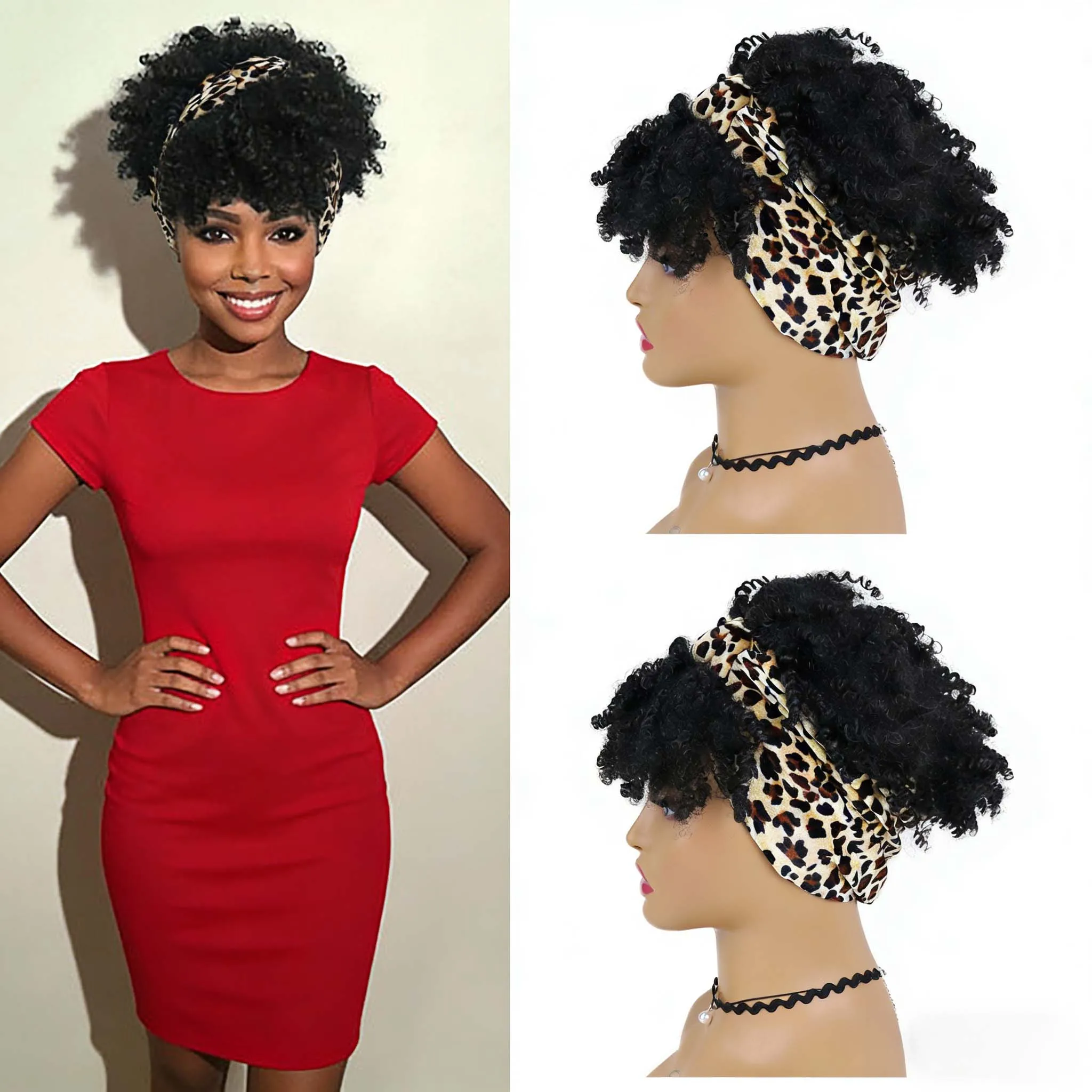 

Women's 14 Inch Synthetic Hair Short Afro Curly Headband Wig Pure Black with Leopard Print Turban for Daily Party Cosplay Wear