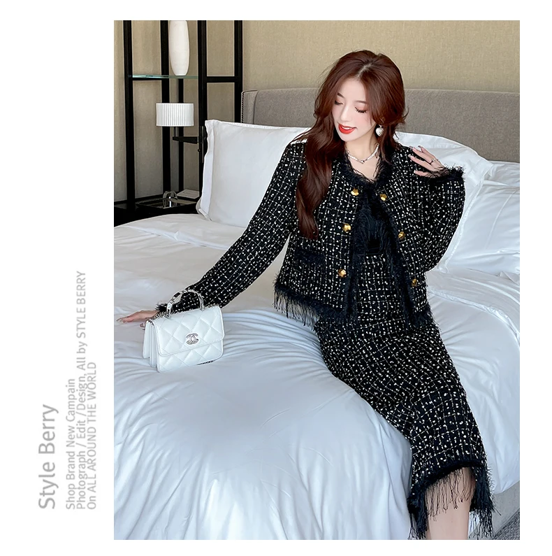 High Quality Fall Winter Elegant Tweed 2 Piece Set Women Outfits Tassel Small Fragrance Luxury Short Jacket Coat+Long Skirt Suit