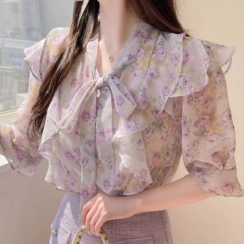 Floral Bowknot Chiffon Women's Short Sleeve Summer Ruffle Hem Printed Blouse