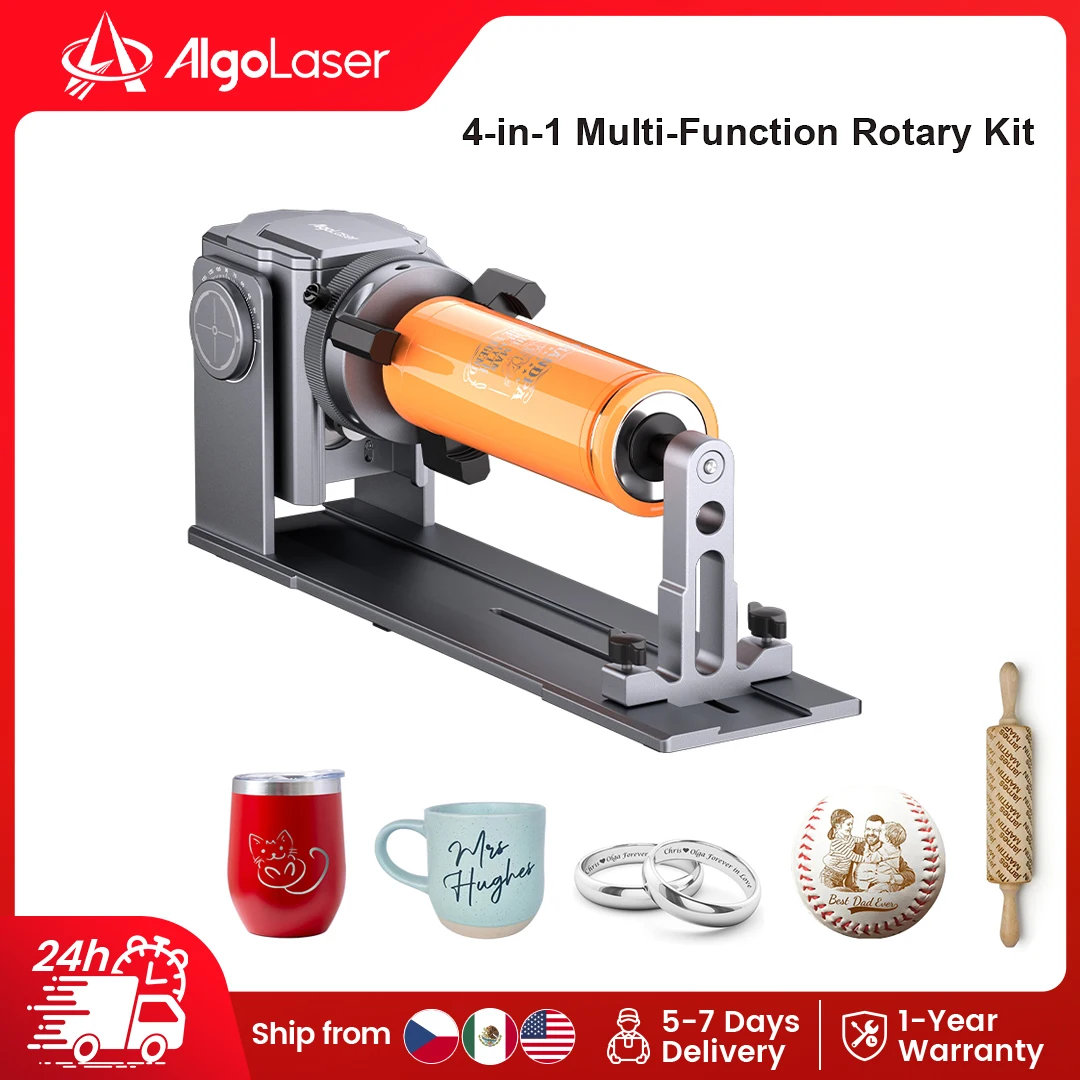 AlgoLaser  4-in-1 Y-Axis Rotary Roller Chuck with 0-180° Adjustable Bracket Laser Carving Machine Accessory for Tumblers Rings Spherical Cylindrical Objects