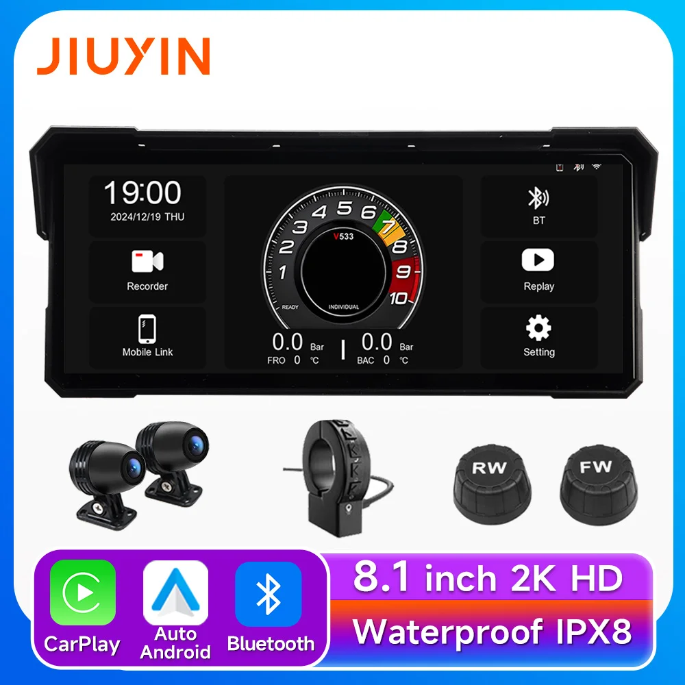 

8.1'' motorcycle multimedia player 2K HD GPS navigation video recorder wireless CarPlay Android Auto IPX8 waterproof screen BT