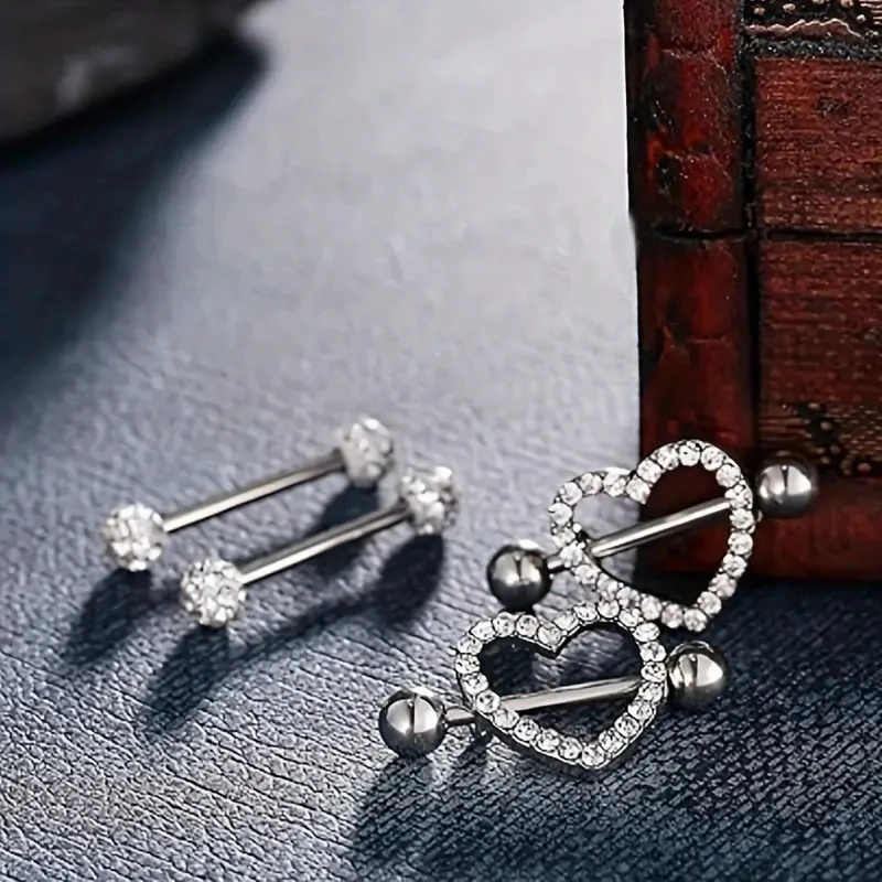 2 أزواج 14 جرام الفولاذ المقاوم للصدأ الحديد حلقات للحلمات من الفولاذ مع الراين المبهر بلينغ نمط الحلمة ترصيع اللسان ثقب المجوهرات