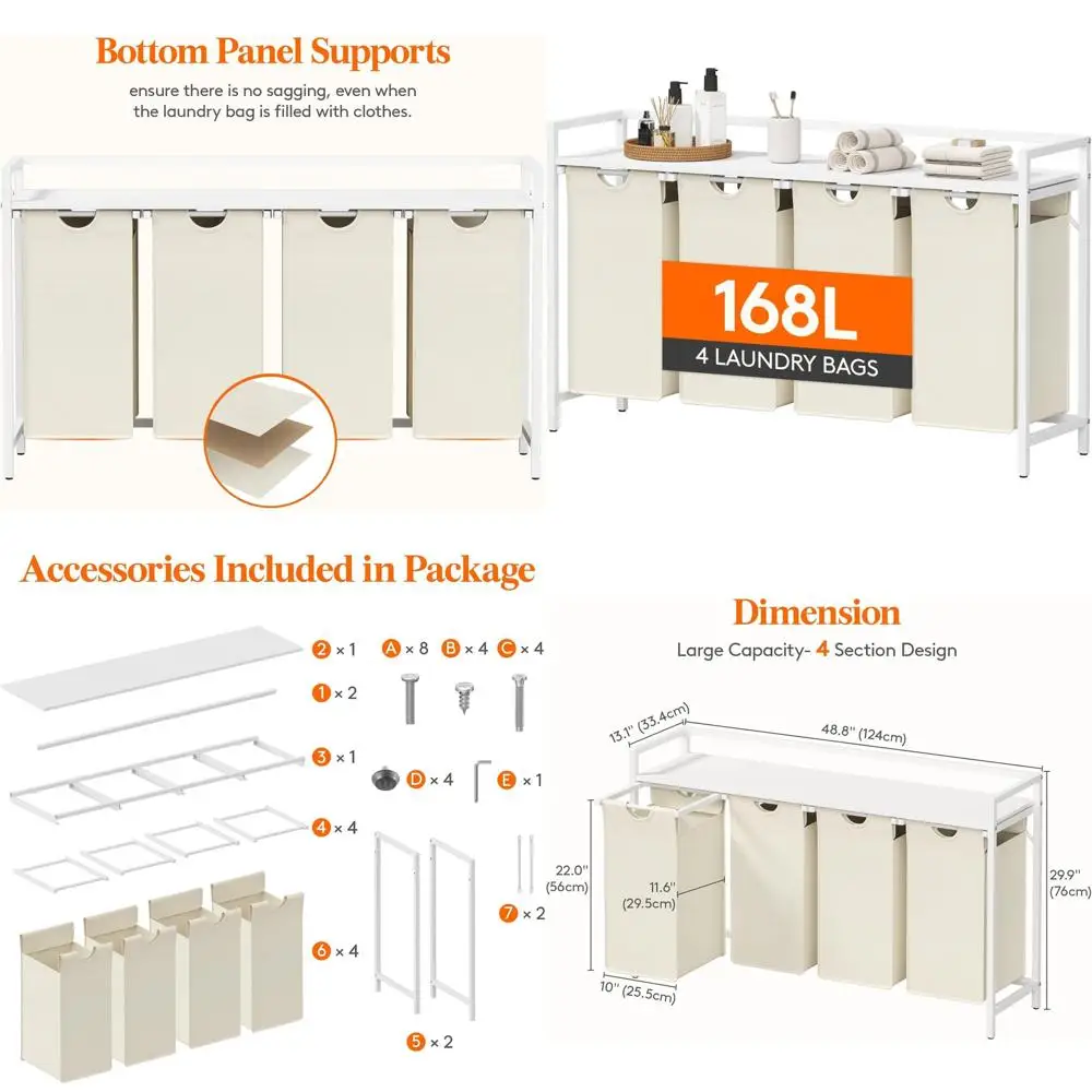 

4-секционная выдвижная корзина для белья на 168 л с верхней полкой и 4 съемными мешками, белая