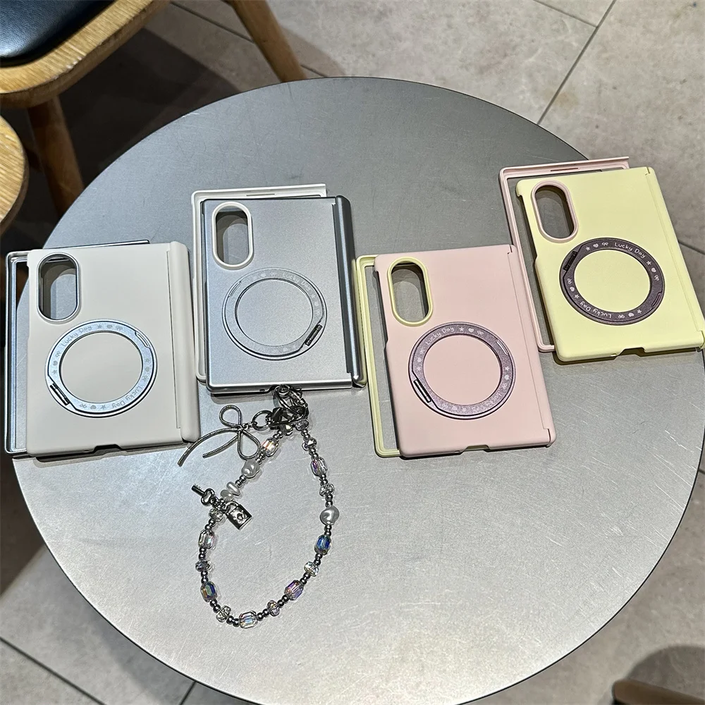 Solid Color Rotatable Ring Stand Phone Case For Samsung Galaxy Z Fold 8 Hard Matte Protective Shell Detachable Bead Chain Cover