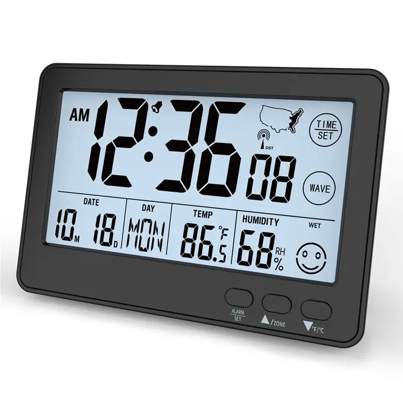 ABKW-Auto Set Digital Desk Clock With Temperature, Humidity And Date, Small Desk Atomic Clock With Alarm Function For Bedroom, O