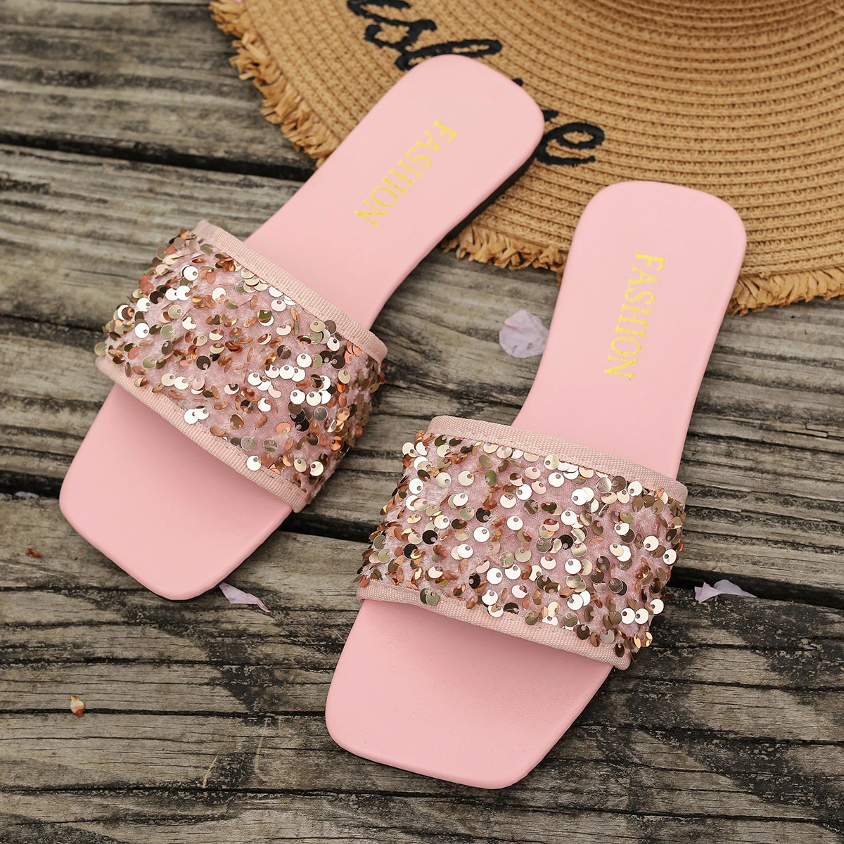 Bling Shine Slippers for Women Shoes Flat Sandals Peep Toe Crystal Ladies Casual Slides Female Beach Slippers Flat Shoes