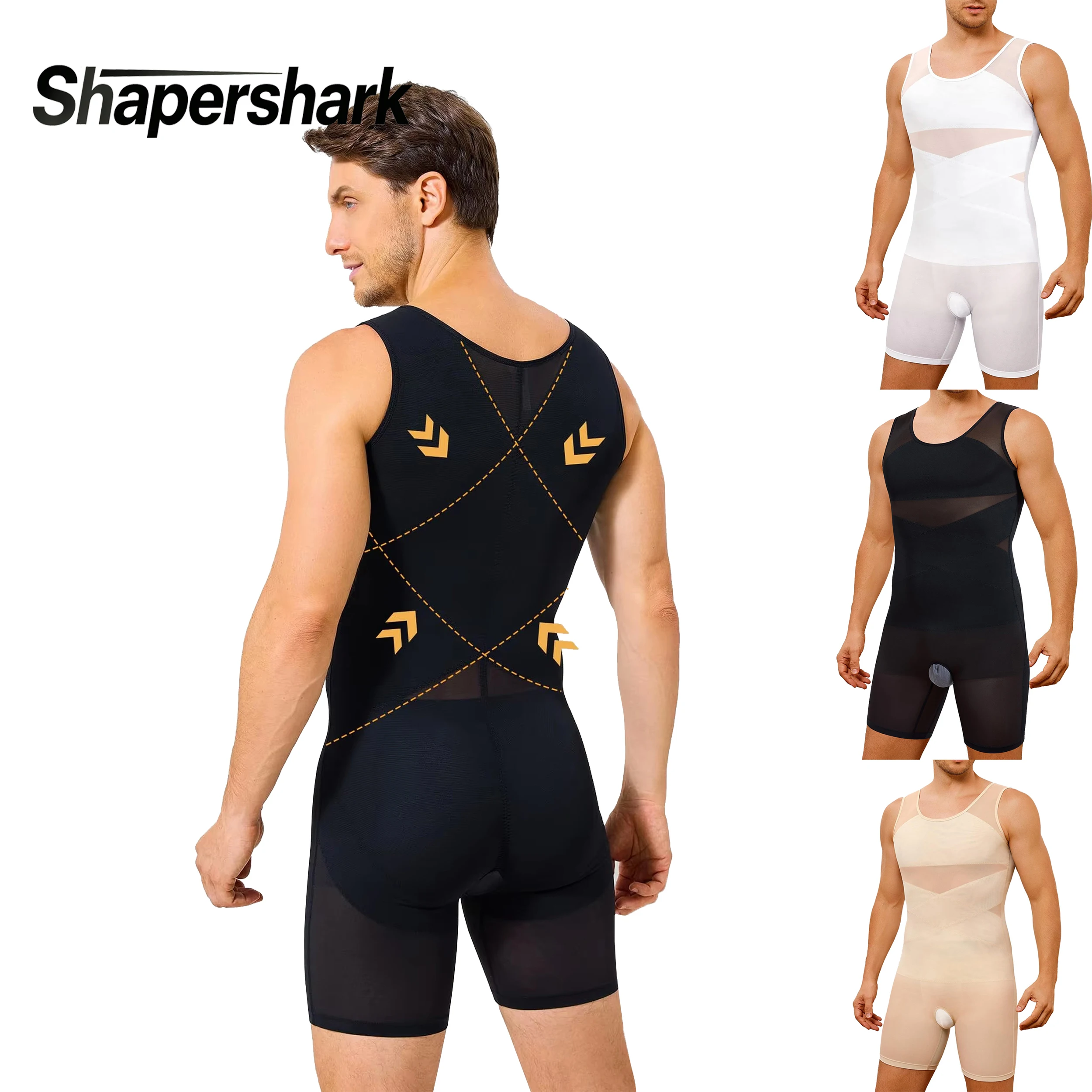 Shapershark Men's Tight One-Piece Garment, One-Piece Shaping Suit, One-Piece Pants, Sportswear, Sports Underwear Netting Fabric