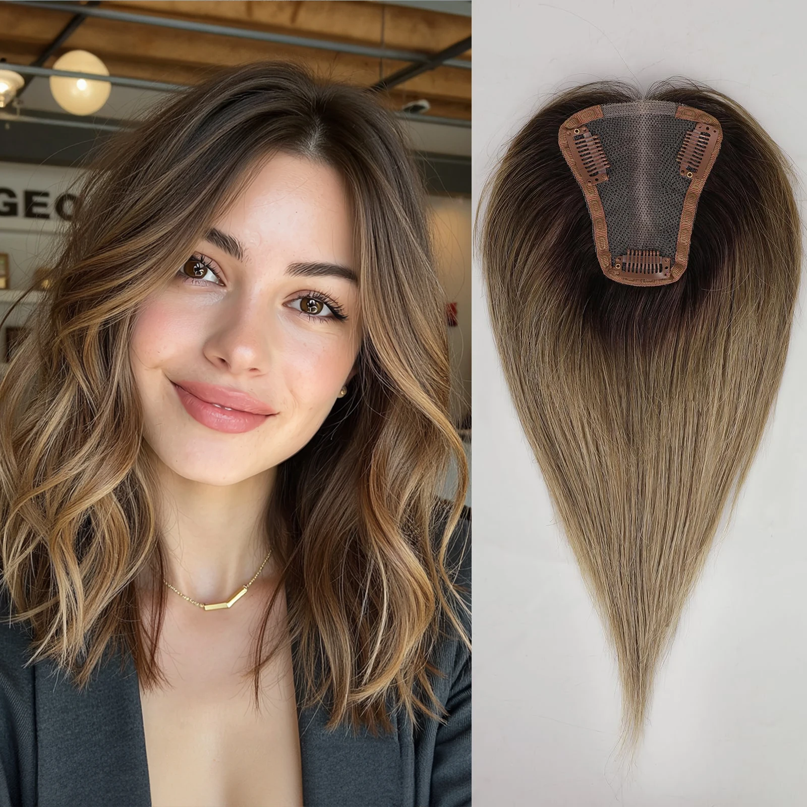 

Brown Ombre 100% Remy Human Hair Toppers Clips In Hair Lace Base Topper Hairpieces for Women Hair Extensions 12 Inch Straight