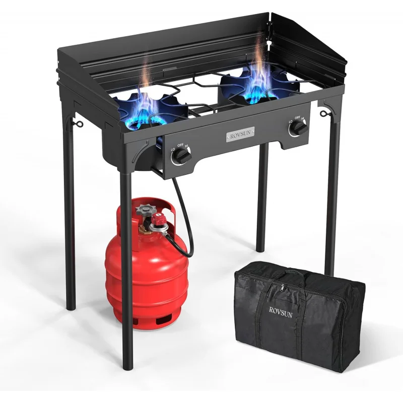 2 Burner Propane Gas Stove with Regulator, Windpanel & Carrying Bag, 150,000 BTU Powerful Stand Cooker Backyard Cook