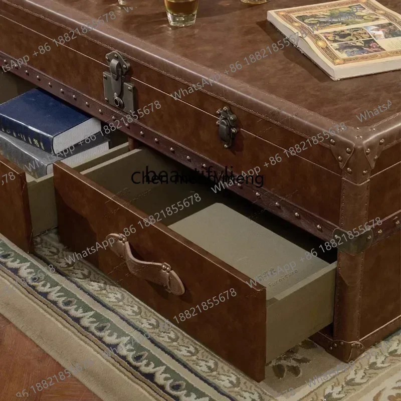 NQ52 Hot sales  American retro leather box  light luxury rivets old cigar bar storage cabinet oil wax leather box coffee table c