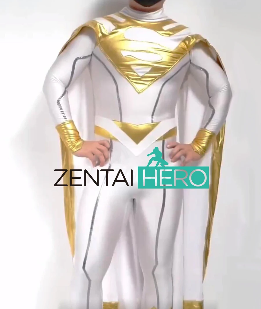 

Custom Made White And Gold Shiny Spandex Super Hero Man Cosplay Costume with Cape Comic Superhero Male Spandex Zentai Bodysuit