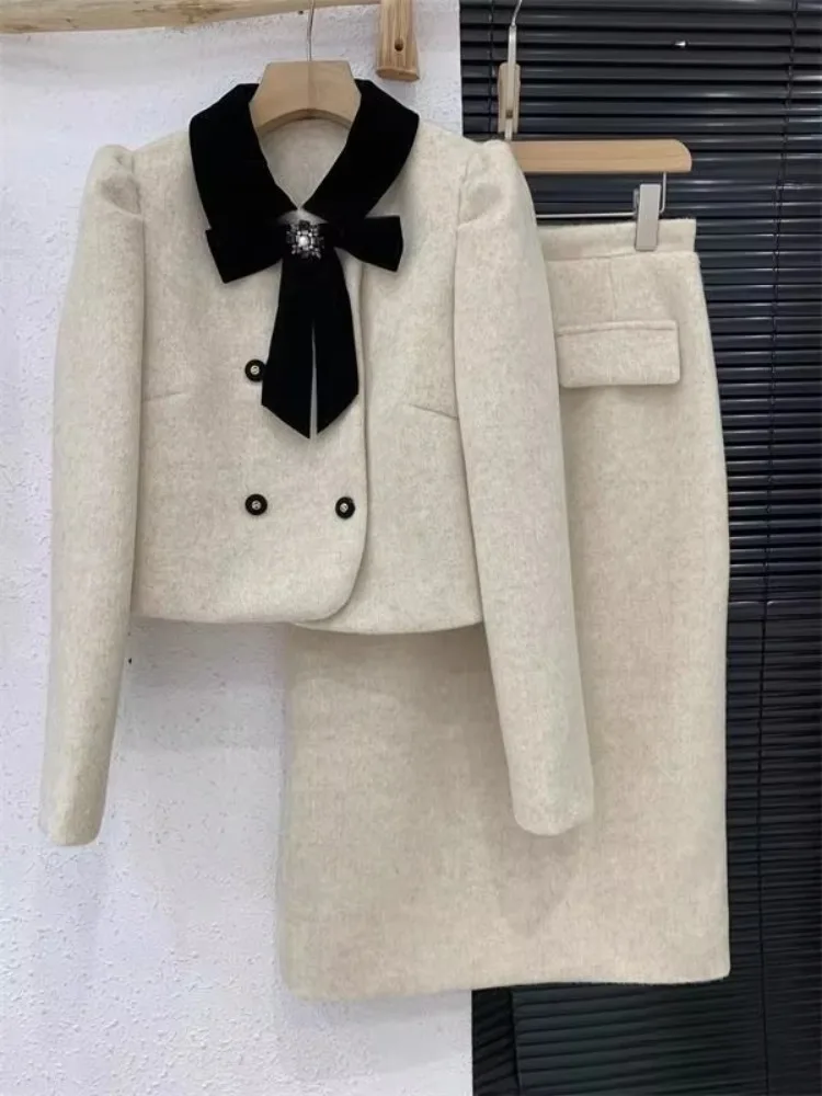 Insozkdg Elegant Skirt Suits Women Suit Jacket 2024 Autumn and Winter High Temperament Wool Coat Top Long + Skirt Two-piece Set