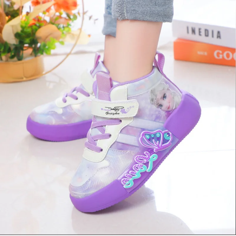 Disney Princess Elsa High Top Casual Shoes Children\'s Autumn and Winter Plus Plush Warm Shoes Teen Girls Sneakers