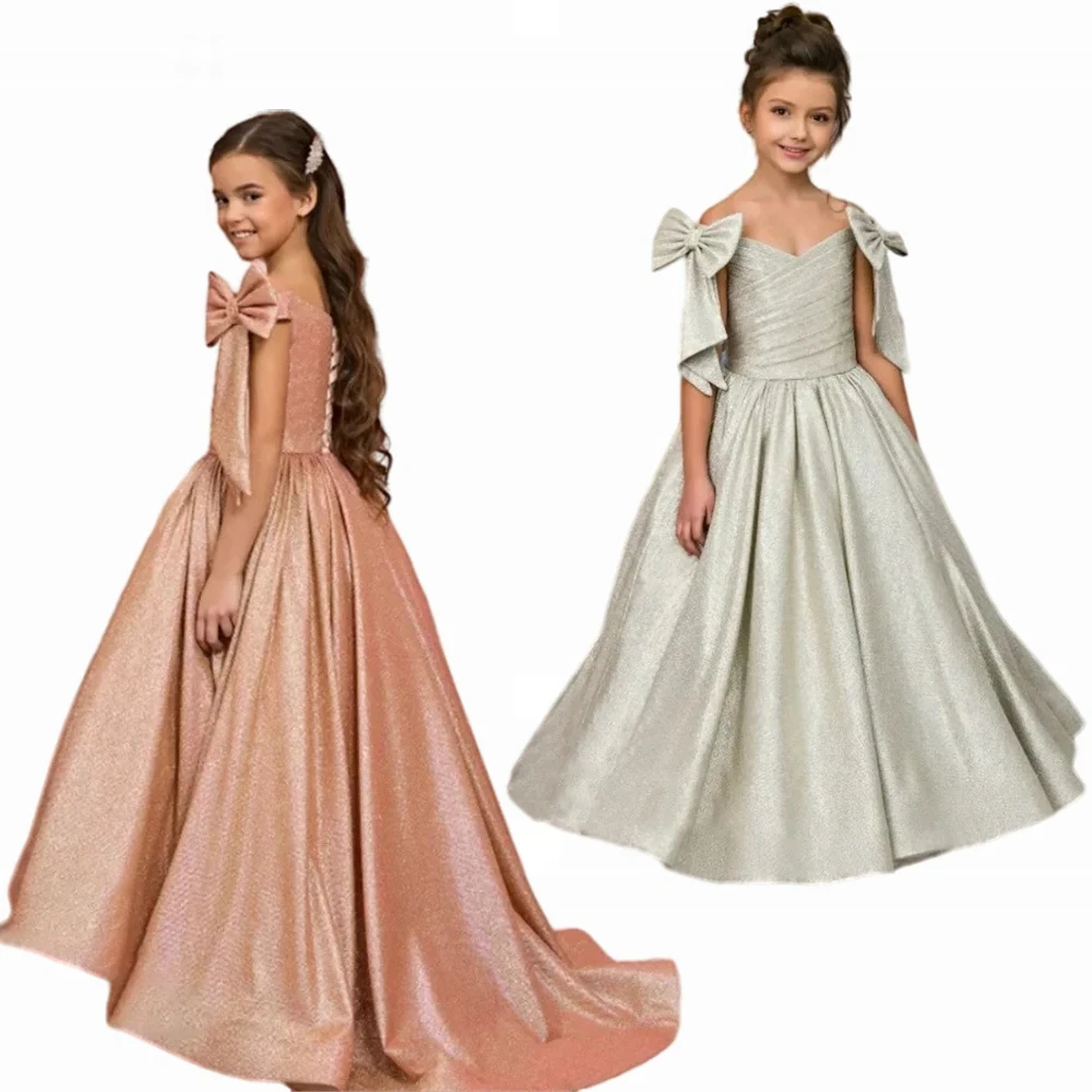 Flower Girl Dress Elegant Satin Shoulder with Tailing for Wedding Kids Birthday Gift Party Banquet Princess Evening Dresses