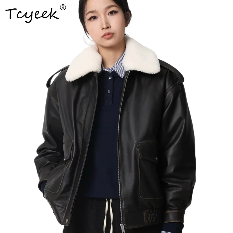 Tcyeek Real Cow Leather Coat Women Winter Clothing Warm Fashion Genuine Leather Jacket for Ladies Jaqueta De Couro Feminina