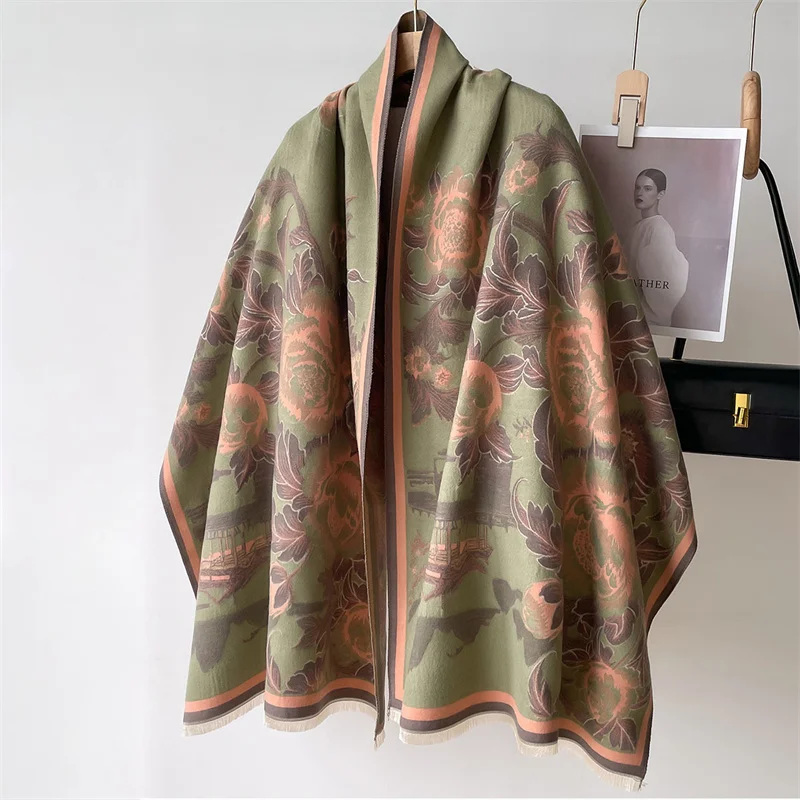 2024 Winter New Luxury Deisgn Imitated Cashmere Scarf Women Floral Print Outdoor Keep Warm Thick Shawl Soft Large Scarf Lady