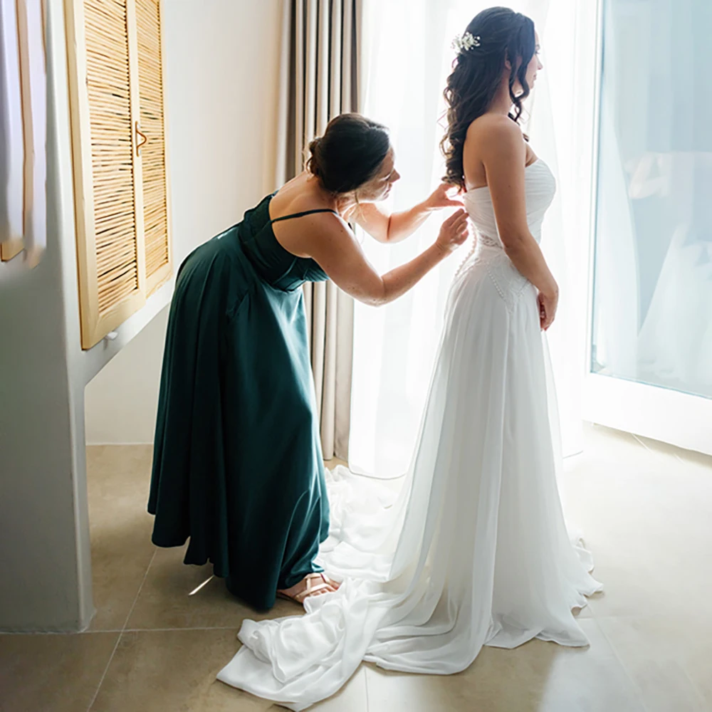 Cross Sweetheart Soft Chiffon Wedding Dress Long Puff Sleeves Spaghetti Straps Customzied Cutout Keyhole Back Lace Bridal Gowns