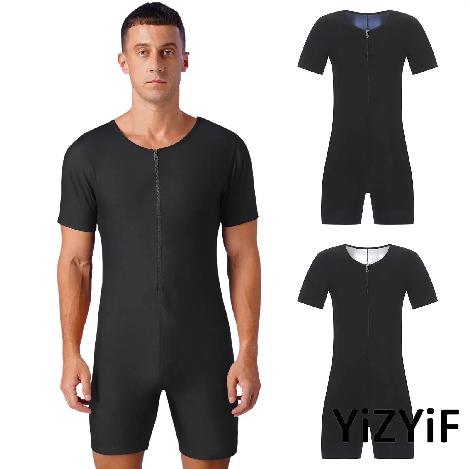 

Men Adults One Piece Short Jumpsuit Trainer Short Sleeves slim Body Shaper Weight Loss Sweatsuit for Fitness Training Workout