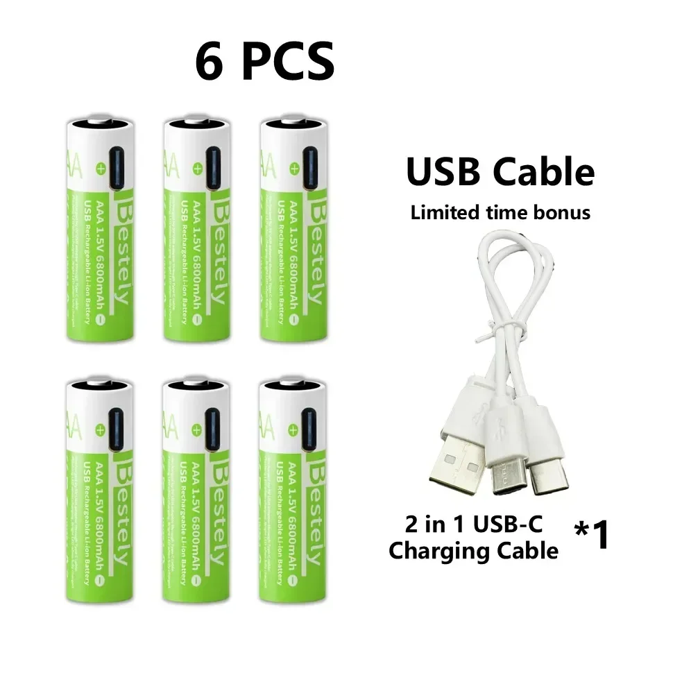 2025 Pro 1,5 V AAA 6800 mAh oplaadbare batterij, Type-C snel opladen Li-ionbatterijen, 2000 cycli LED-indicator met gratis kabel
