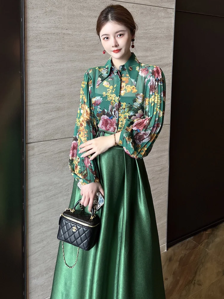 ZJYT Blus Sifon Print Lengan Lentera Fashion Desainer dan Set Rok Pinggang Tinggi Pakaian Hijau Wanita Setelan Gaun 2 Potong Musim Semi