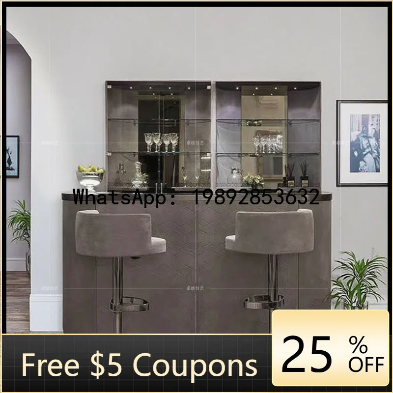 

H24 Italian Style Solid Wood Bar Cabinet Luxury Villa Home Designer Modern High-End Leather Wine Rack Display Cabinet