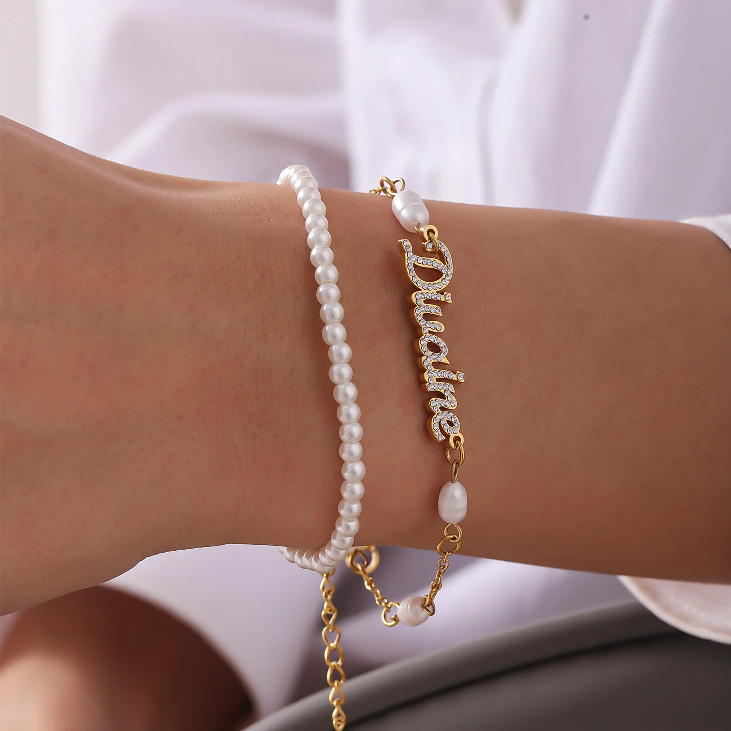 

Custom Diamond Name Bracelet Set Double Layer Stackable Freshwater Pearl 18K Chain Elegant Christmas Gift 2025 Trend for Her