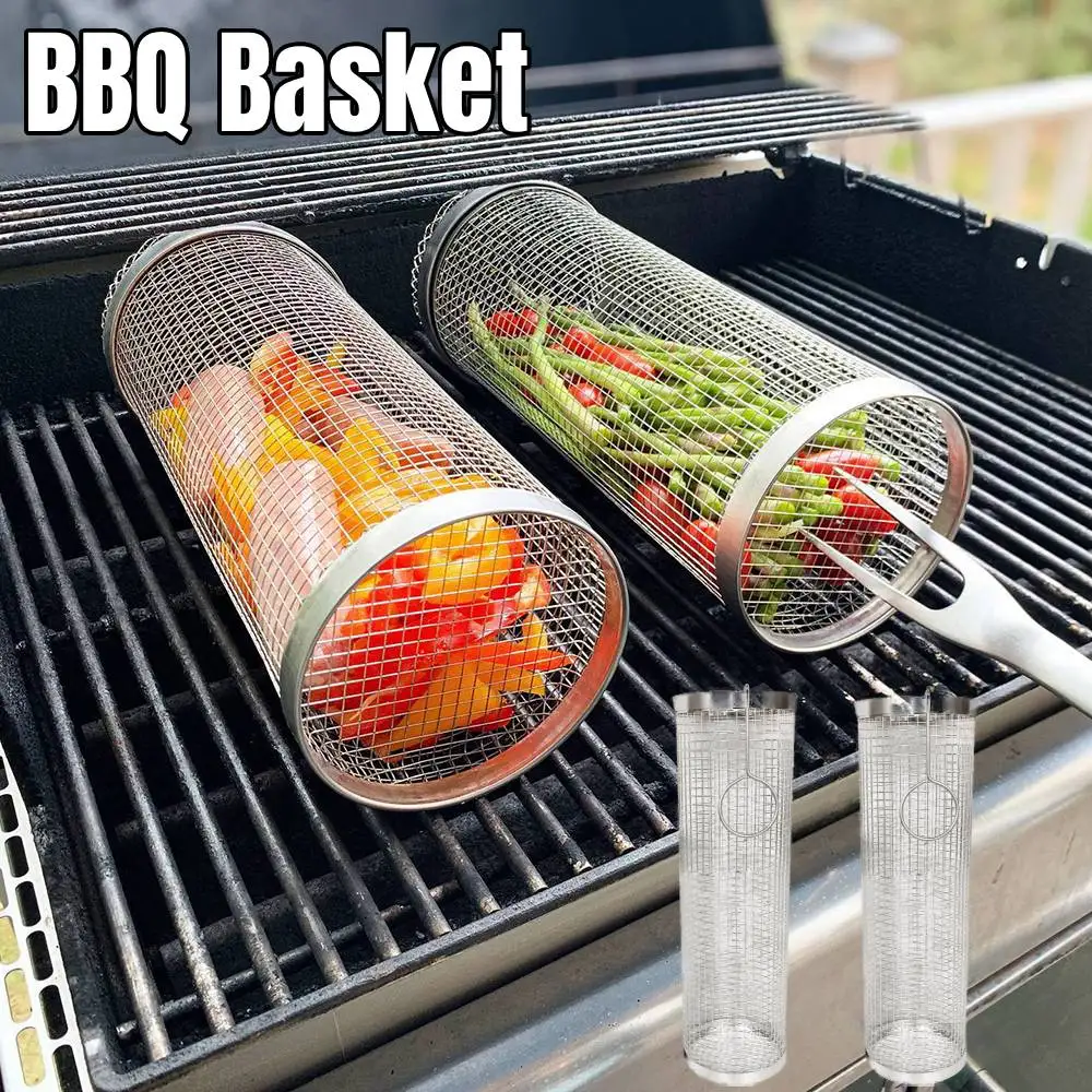 

Rolling Grilling BBQ Basket Stainless Steel Leak proof Mesh Barbecue Rack Outdoor Picnic Camping Simple Cylindrical BBQ Grill
