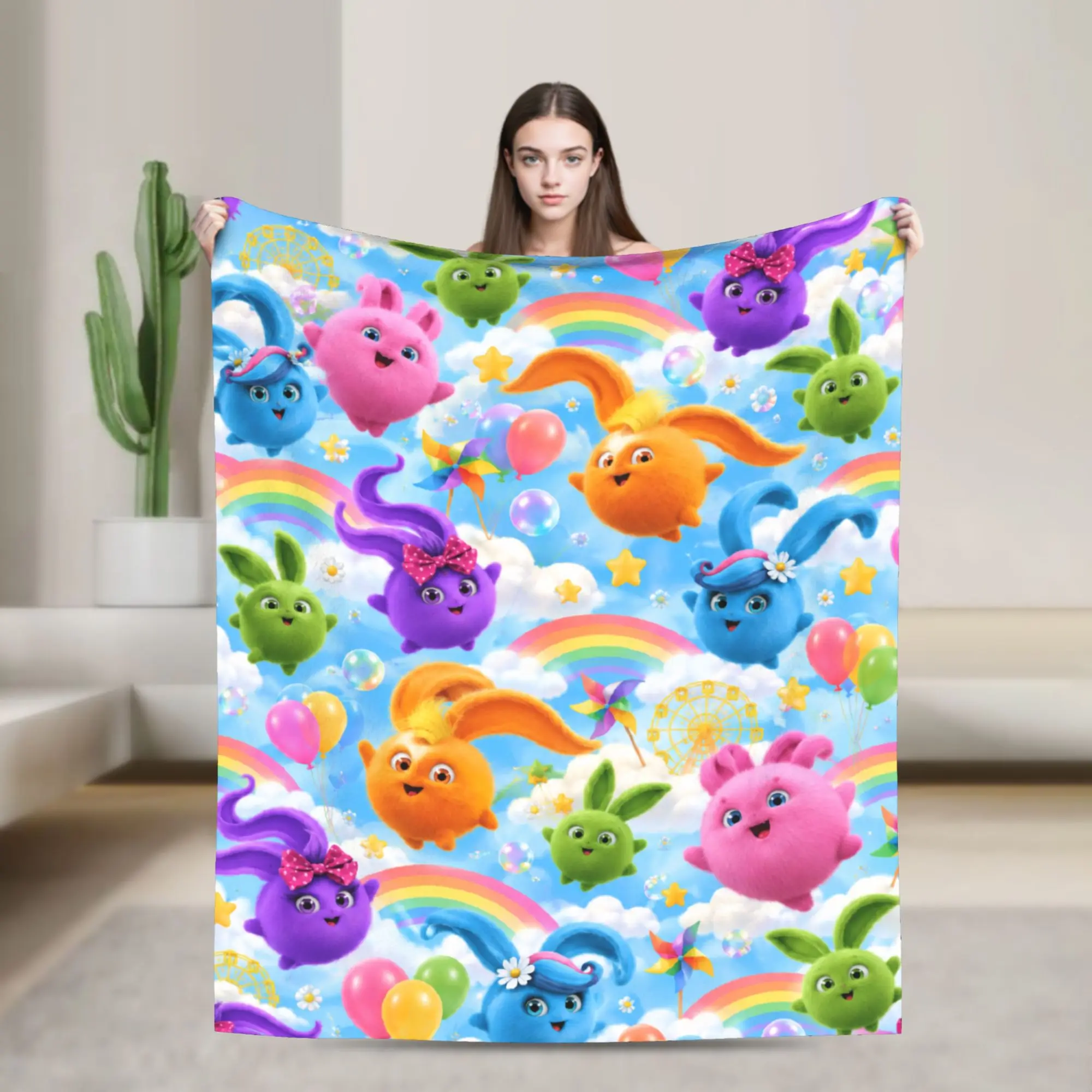 Sunny Bunnies five colourful balls Flannel Blanket Winter  Warm Throw Blanket for Home Decor Aesthetic Bedspread Sofa Bed Cover