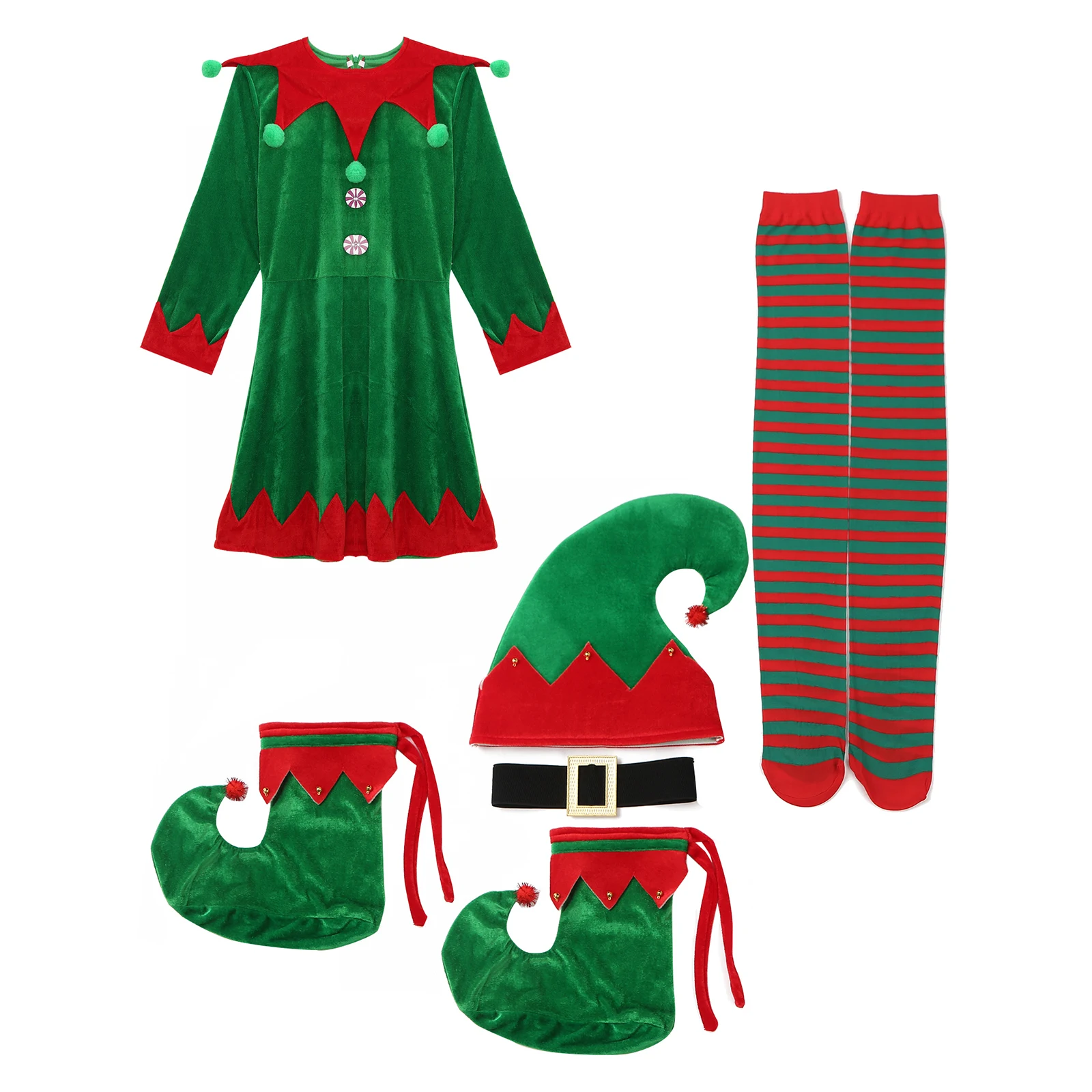 Womens Christmas Elf Xmas Cosplay Costumes Pompom Velvet Dress Waist Belt Hat Striped Stockings Shoes New Year Dress Up Suit