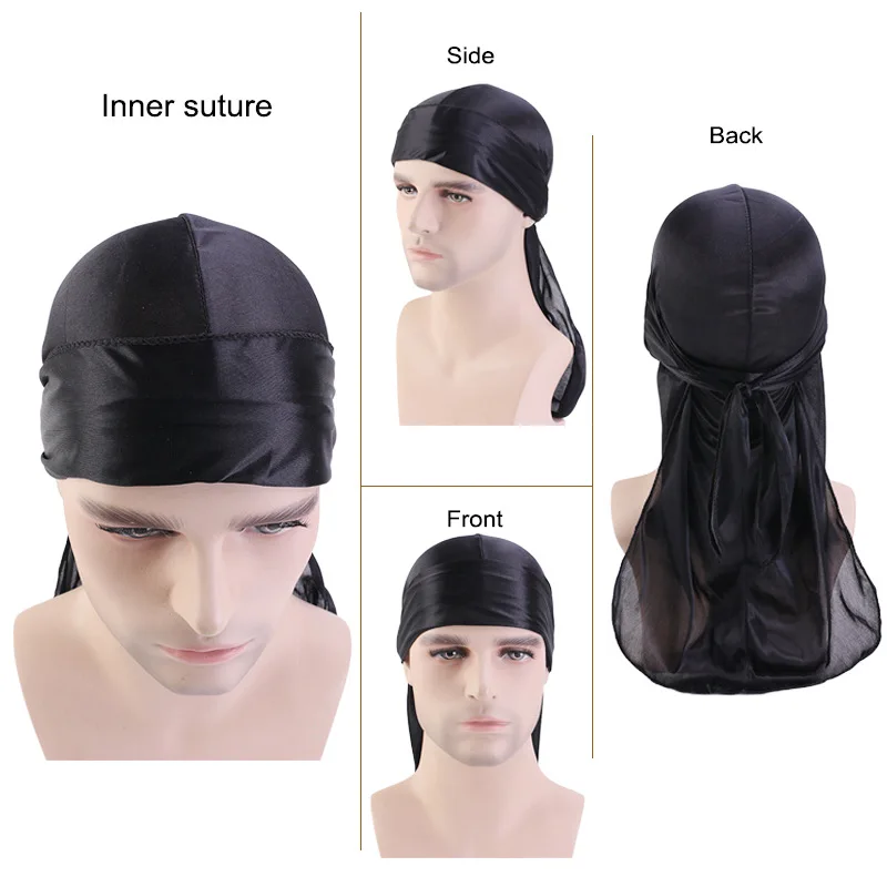 Unisex Satin Silk Extra Long-Tail Durag Headwraps Pirate Cap Bandana Headwear Caps for Hair Waves Fashion Design