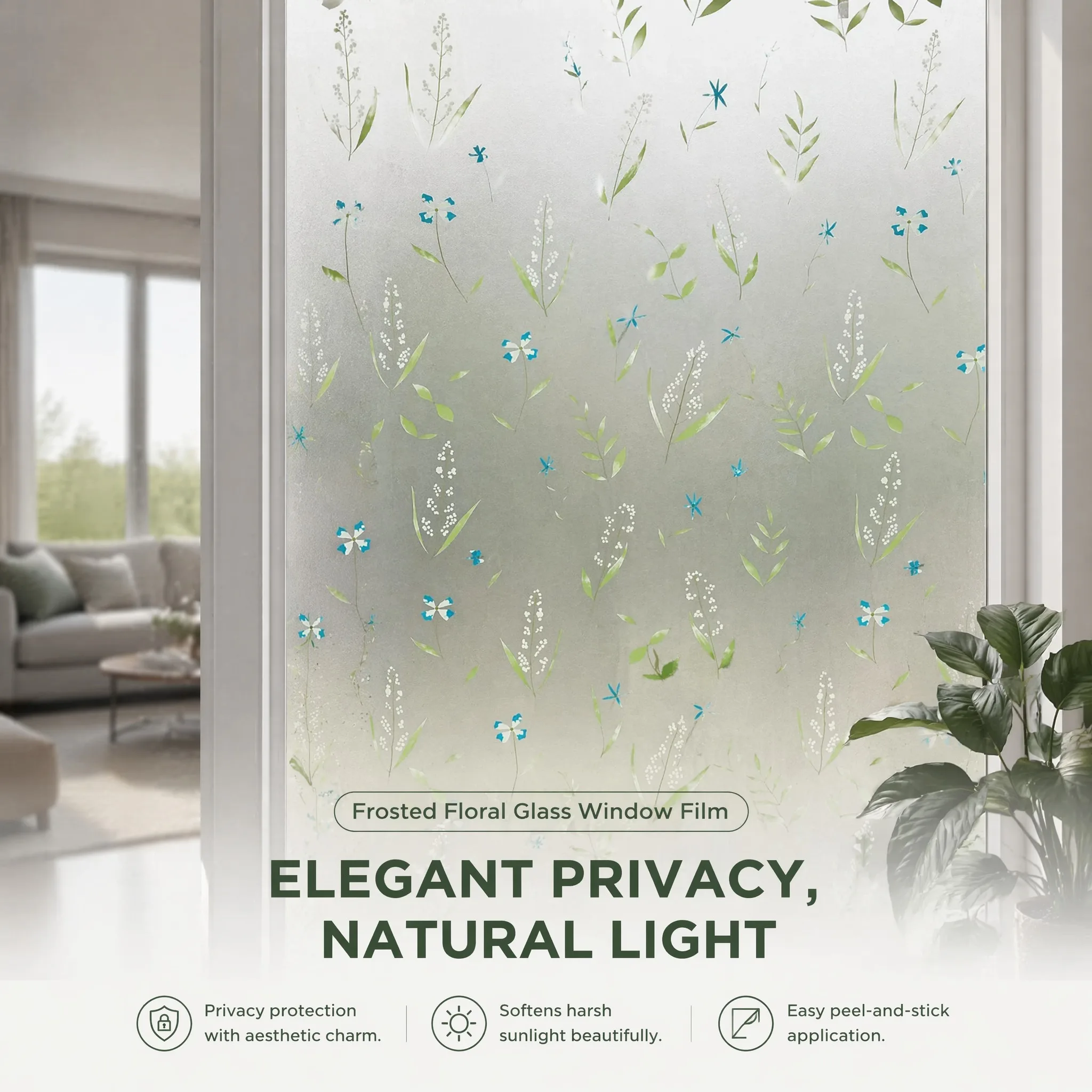 Nature Green Leaf Blue Wildflower Self Adhesive Frosted Window Film 24H Privacy Protection Light Transmitting Removable Waterpro