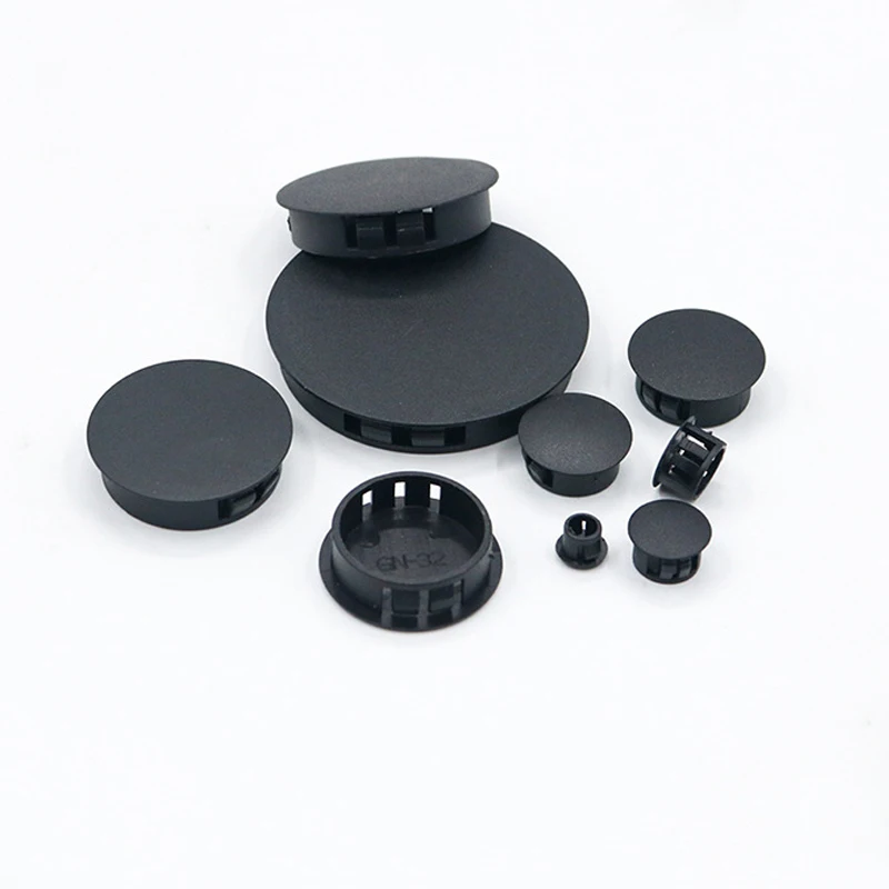 Tampas de Plástico Pretas para Furos de 5~50mm, Redondas, Decorativas, Protetoras contra Poeira, com Fivela de Nylon
