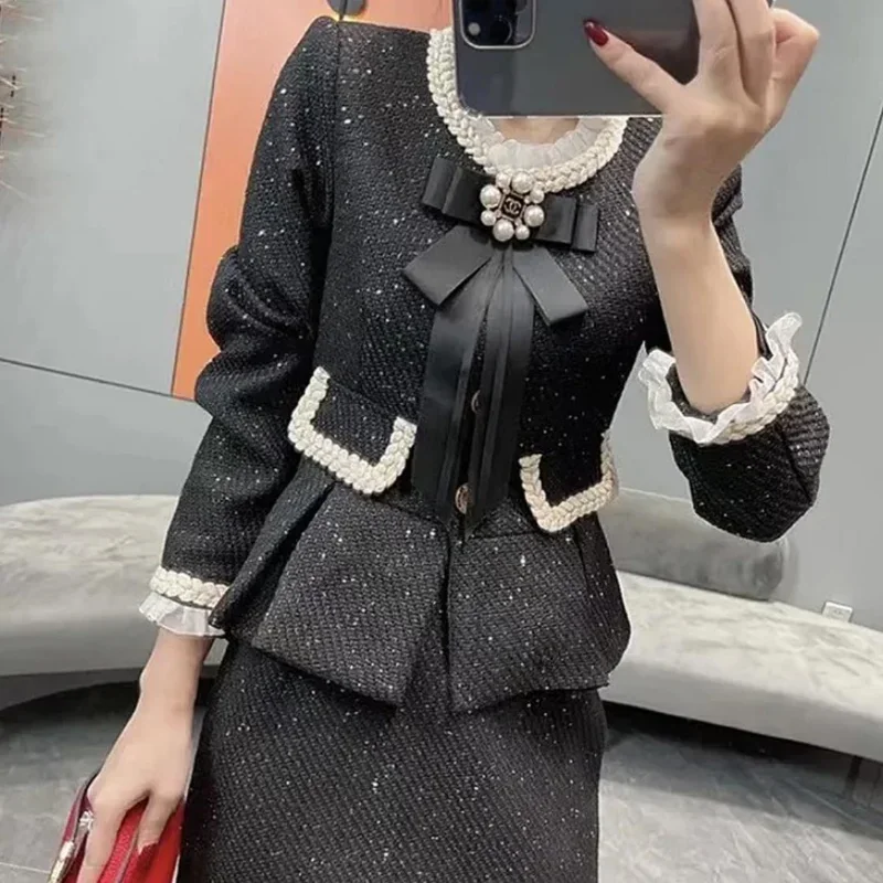 

Elegant Ladies 2 Pieces Black Suit 2024 Spring Vintage Short Tweed Jacket + Midi Skirt 2Pcs Outfits Fashion Women Two Peice Sets