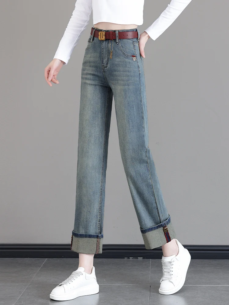 High Waist Wide Leg Jeans Women's Spring Autumn Slim Fit Straight Cut Cuffed Denim Pants Casual Cotton Stretch Blue Jeans