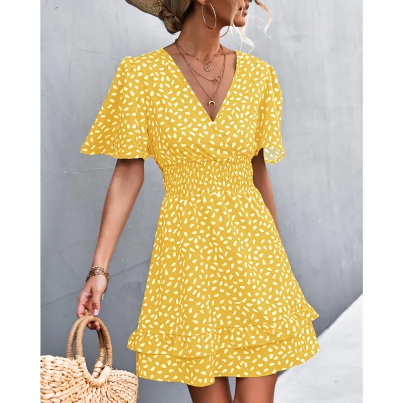 Spring/Summer New Sexy V-neck Lotus Leaf Sleeves Wrap Dress Women Elegant Polka Dot Printed Elastic Waist Mini Dress Femme Robe