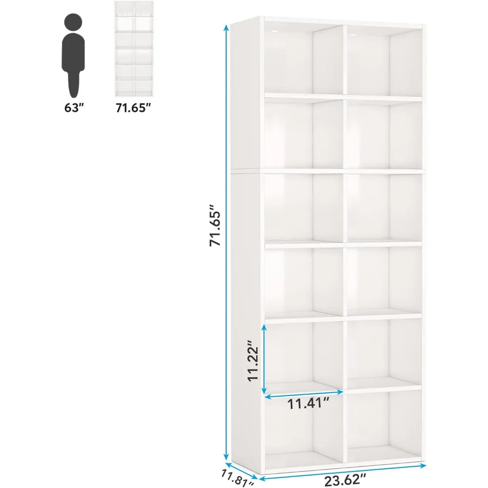 71.65 Inch Tall Narrow Bookcase Bookshelf, White Modern Bookcase with 12 Cube Storage for Home Office, Vertical or Horizontal