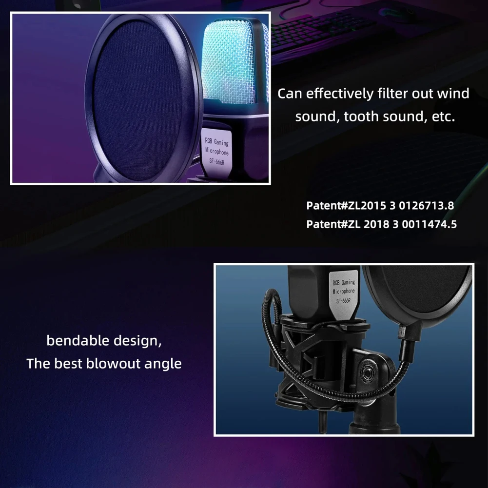 ميكروفون سلكي USB لتقليل الضوضاء مع حامل ، SF666R ، مكثف RGB ، ميكروفون ألعاب ، مقابلة ، تسجيل فيديو ، تسجيل فيديو ، بودكاست