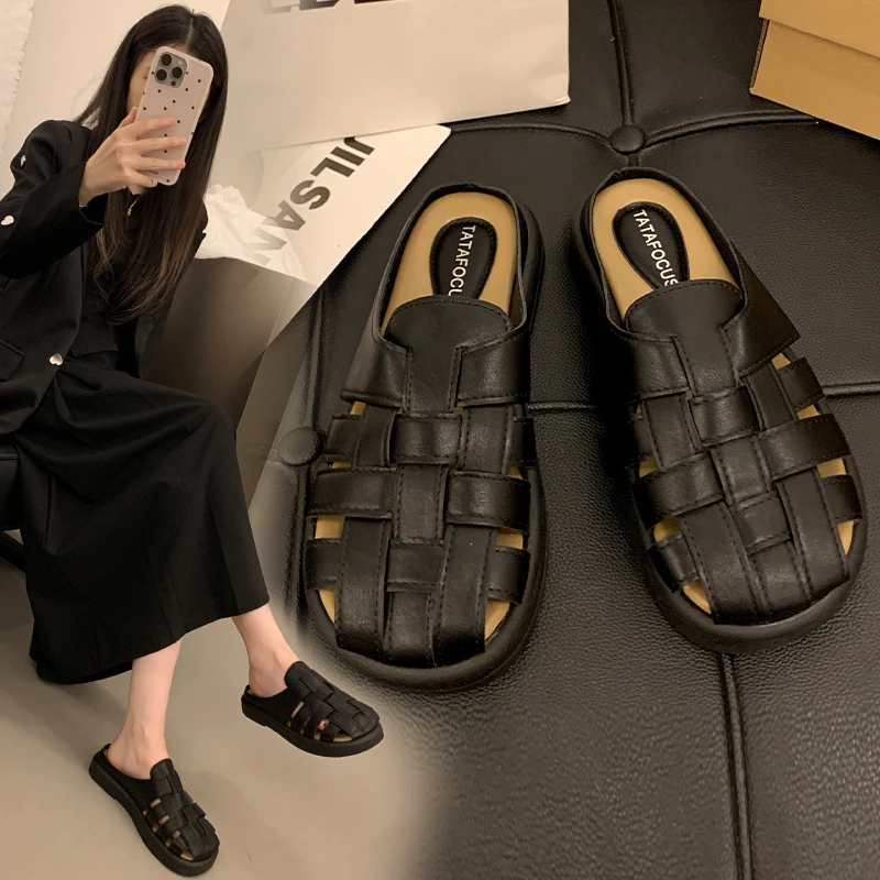 2024Summer Shoes Womens Slippers Outdoor Pantofle Low Cover Toe Slides Fashion  Luxury Flat Rome Hoof Heels PU Fabric Retro Scan