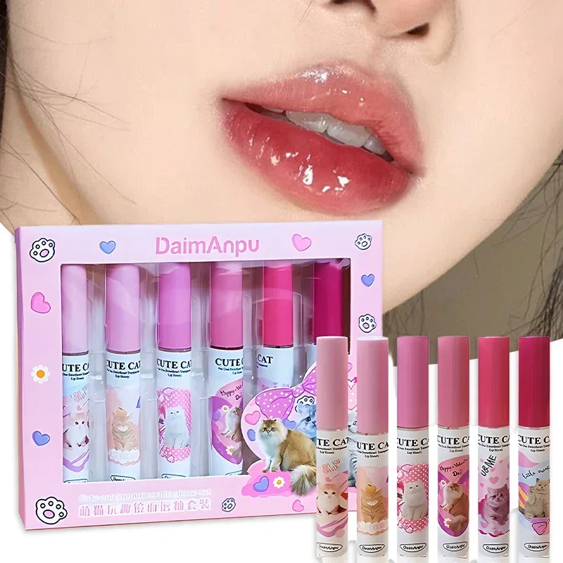 6pcs Cute Mirror Glass Lip Glaze Set Water Light Cat Lipstick Jelly Oil Lip Gloss Korean Lip Tint Watery Makeup Girl Cosmetic