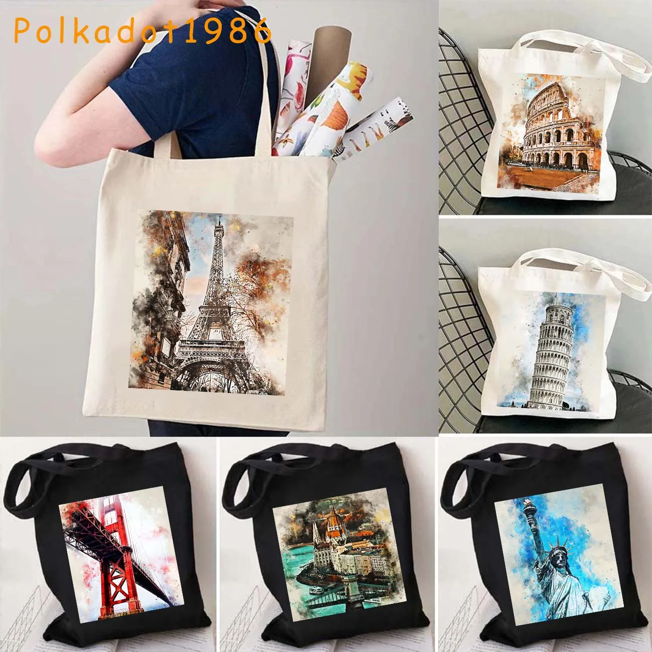 

New York Paris Golden Gate London Ink Painting Watercolor Madrid Cairo Budapest Ankara Canvas Shoulder Totes Bag Cotton Handbags