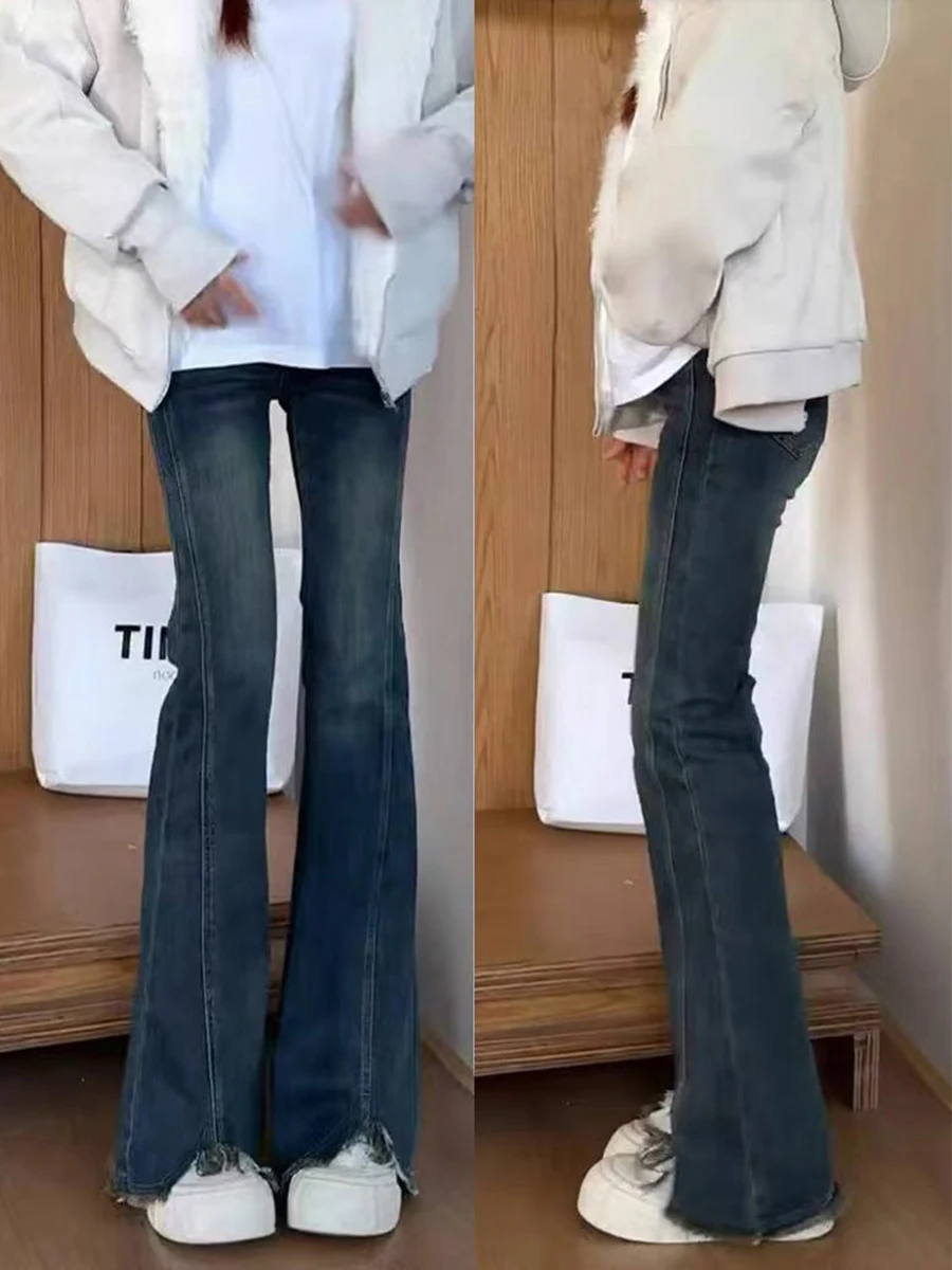 

Джинсы-клеш с высокой талией для женщин, весна-осень, большие размеры, эластичные, микро-клеш, прямые, длиной в пол