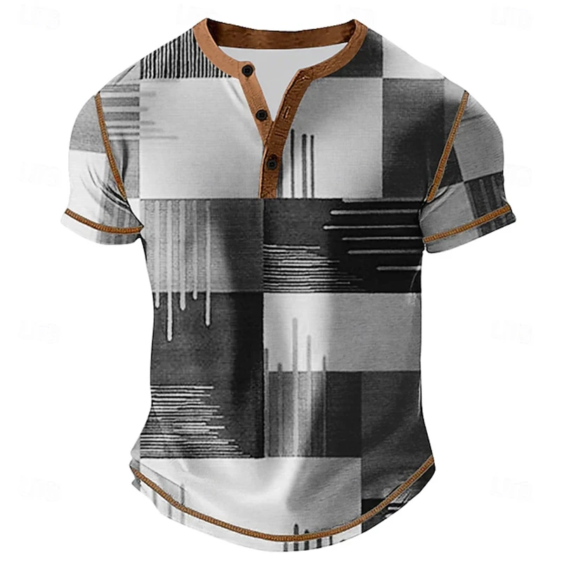 New Men's Patchwork-Print T-Shirt Summer Fashion Short-Sleeve Patchwork-Print T-Shirt Men's Casual Loose-Fit Button-Down T-Shirt