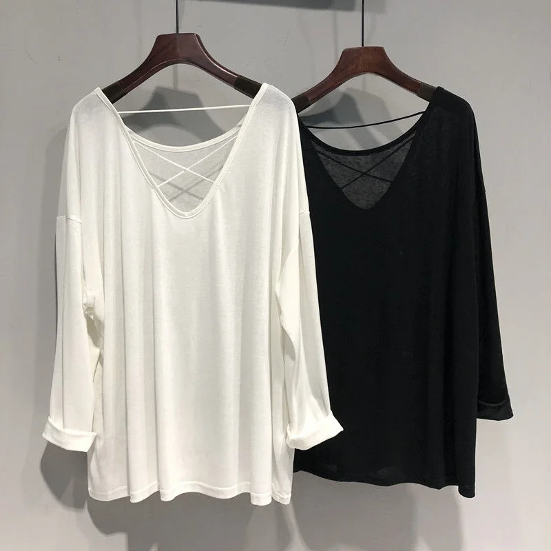 Summer New plus Size Loose Back Cross Thin Long Sleeve T-Shirt Sun Protection Women's Fashionable Back Transparent T-Shirt