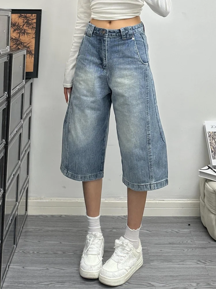 

American Retro Vibe High Waist Wide Leg ort Jeans Women Summer Versatile Loose Fit Seven Tenths Pants Casual Sle