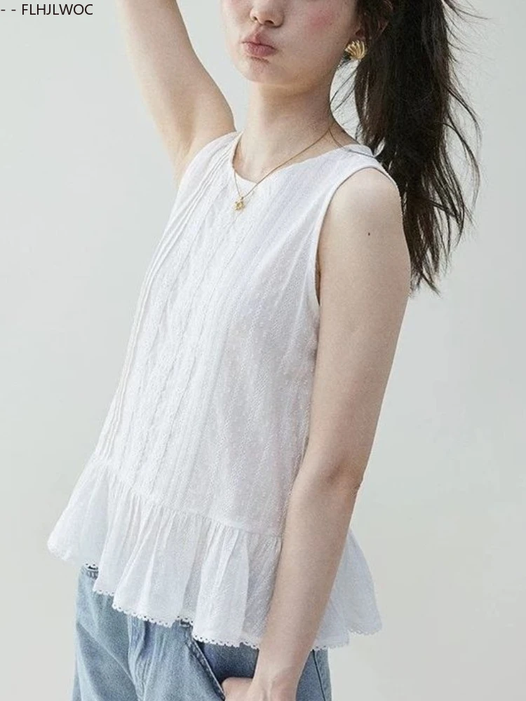 면 혼방 탑 블라우스 귀엽고 달콤한 여성용 2025 여름 민소매 셔츠 화이트 레이스 러플 페플럼 탱크탑