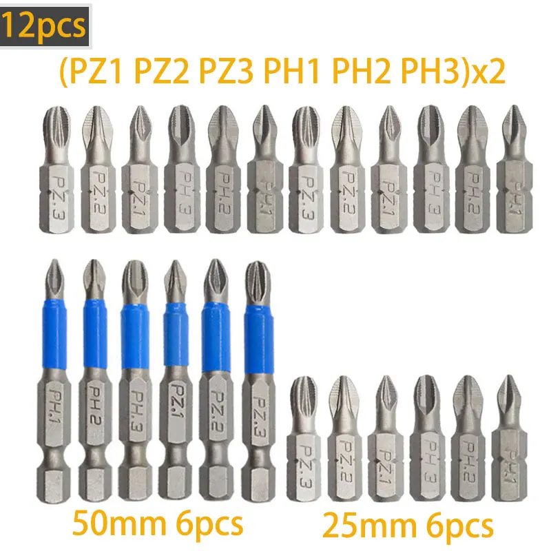 

12PCS PZ1/PZ2/PZ3/PH1/PH2/PH3 No- slip Screwdriver Set Bits for Drill Magnet S2 Alloy Steel Screwdriver Electric Impact 50/25mm