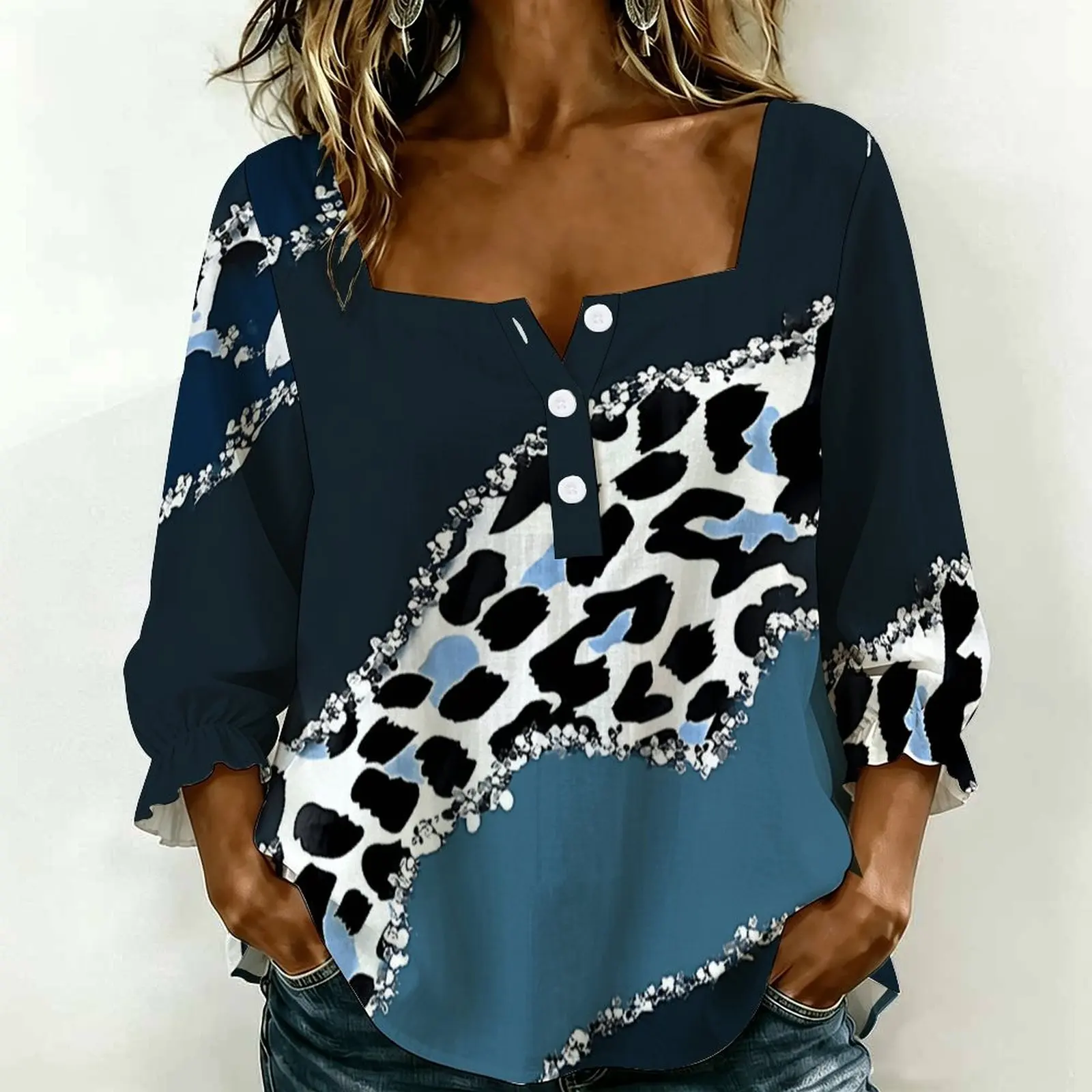 Women Square Neck Blouse 3/4 Ruffle Sleeve Tops Zigzag Stripe Print Henley Shirts Loose Casual Daily Wear Blouse